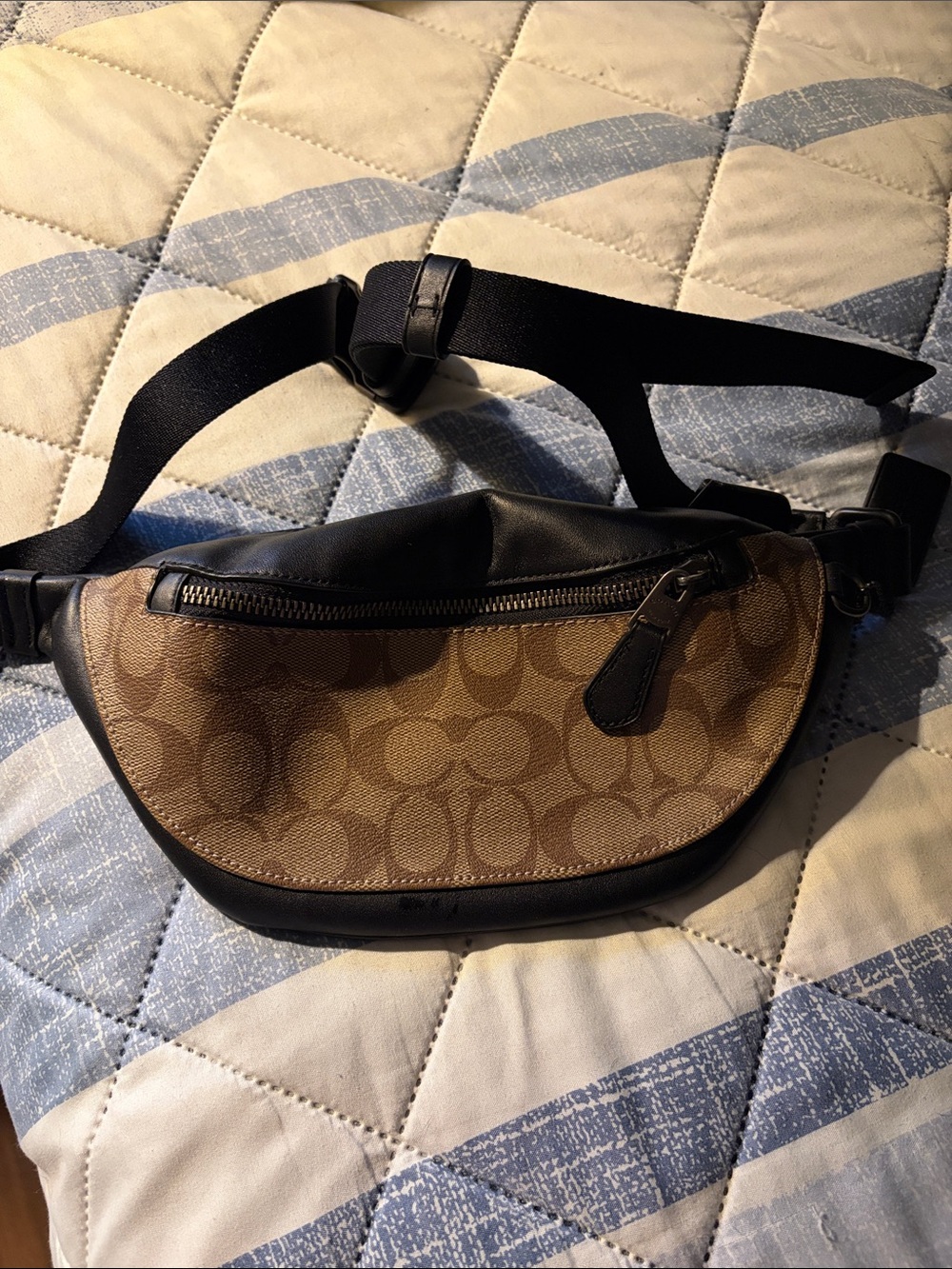 Coach Tan Signature Canvas Belt Bag with Black Trim